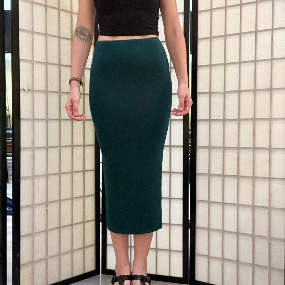 Dark Green Pencil Stretchy Midi Skirt Forever 21 Small Lightweight Back Slit